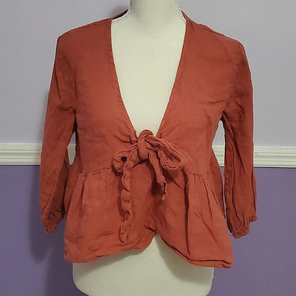 Puro Lino Boho Rusty Tied Front Ruffly Cropped Top Made in Italy M